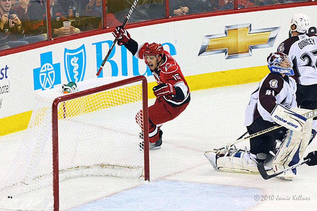 Brandon Sutter scores the OT game-winner in a 2-1 win against the Colorado Avalanche at the RBC Center on December 3, 2010. (author's photo)