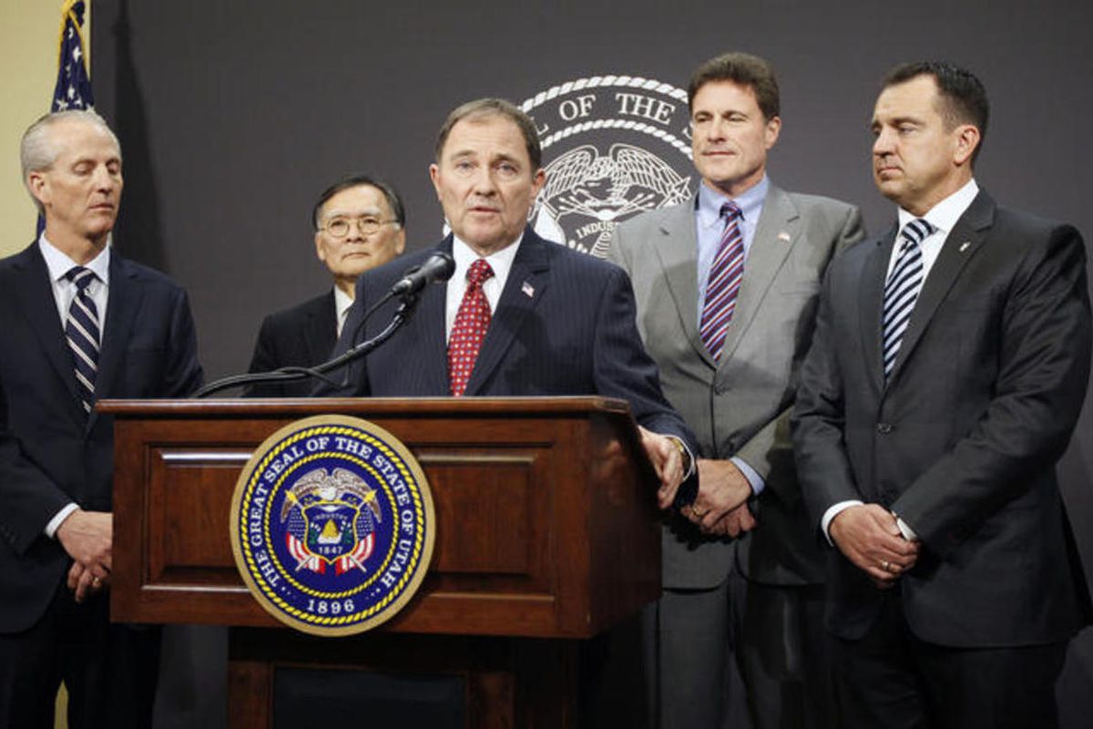 FILE "” Gov. Gary Herbert speaks about Healthy Utah at the Capitol in Salt Lake City Thursday, March 12, 2015. A long-awaited proposal by Rep. Jim Dunnigan, R-Taylorsville, expected Wednesday, is being touted as the House GOP's alternative to Herbert's He