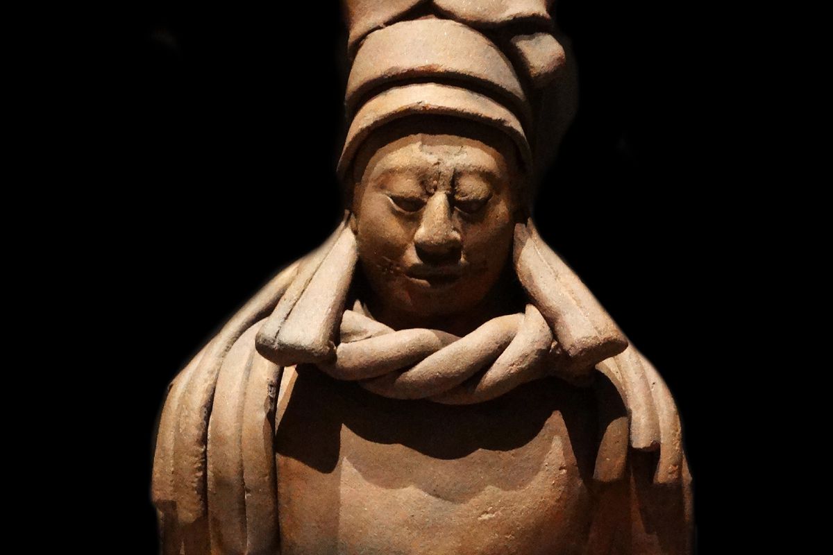 Mayan ceramic figurine of a kneeling female shaman or priestess. From Simojovel, Chiapas, Mexico, 600-900 AD.