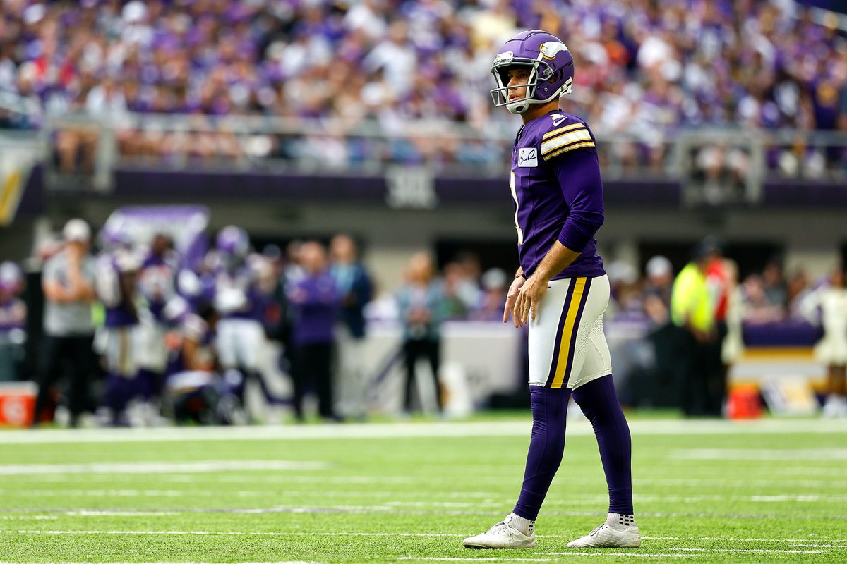 MINNEAPOLIS, MINNESOTA - SEPTEMBER 10: Greg Joseph #1 of the Minnesota Vikings lines up for a field goal against the Tampa Bay Buccaneers in the first half at U.S. Bank Stadium on September 10, 2023 in Minneapolis, Minnesota.  &nbsp;   