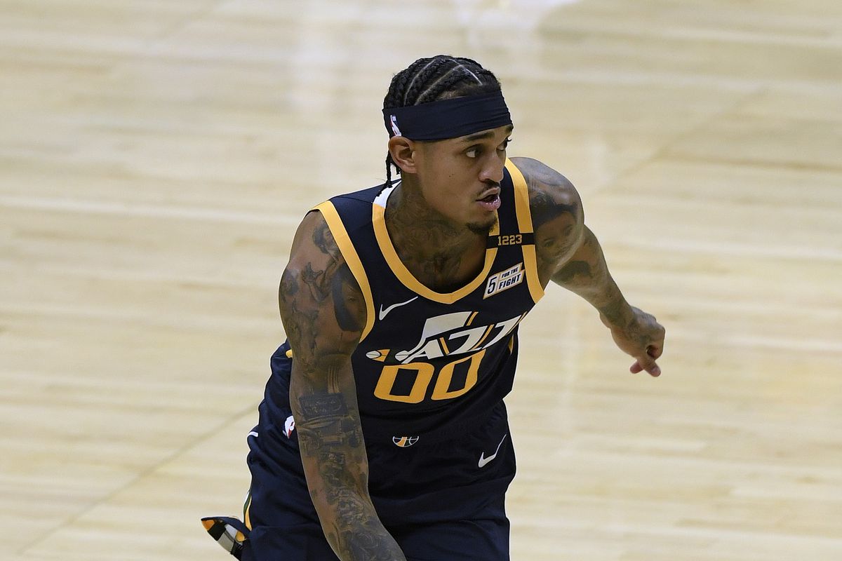 Jordan Clarkson of the Utah Jazz dribbles the ball during a 125-105 preseason Jazz win over the LA Clippers at Staples Center on December 17, 2020 in Los Angeles, California.&nbsp;