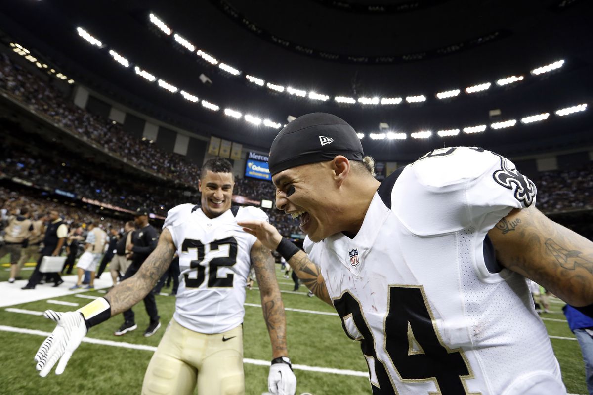 The Saints had reasons to celebrate after beating the Falcons on Sunday.