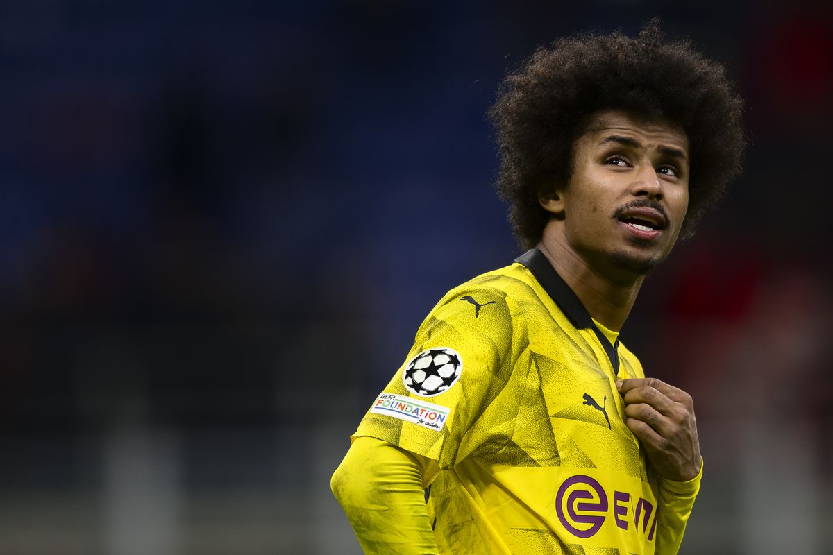 Karim Adeyemi of Borussia Dortmund looks on at the end of...