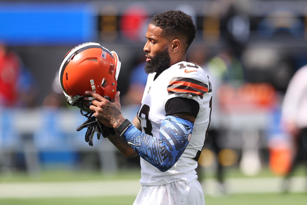 Odell Beckham Jr. #13 of the Cleveland Browns on the field before the game against the Los Angeles Chargers at SoFi Stadium on October 10, 2021 in Inglewood, California.
