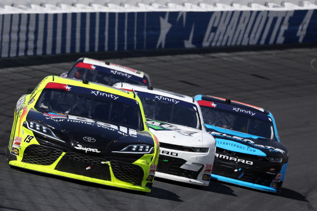 Brandon Jones, driver of the #19 Menards/Bali Toyota, drives during the NASCAR Xfinity Series Alsco Uniforms 300 at Charlotte Motor Speedway on May 28, 2022 in Concord, North Carolina.
