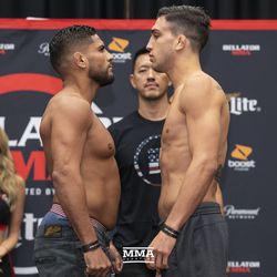 Joshua Jones and Jacob “Lil’ Badger” Rosales square off at Bellator 201 weigh-ins.