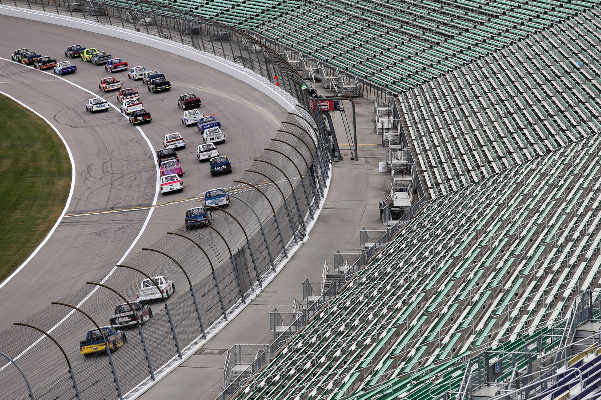 A general view from the stands of truck racing during the NASCAR Gander RV &amp; Outdoors Truck Series Clean Harbors 200 at Kansas Speedway on October 17, 2020 in Kansas City, Kansas.