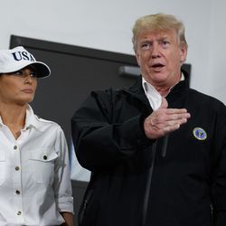 First lady Melania Trump looks on as President Donald Trump speaks during a briefing with state and local officials on the response to Hurricane Michael, Monday, Oct. 15, 2018, Macon, Ga. (AP Photo/Evan Vucci)