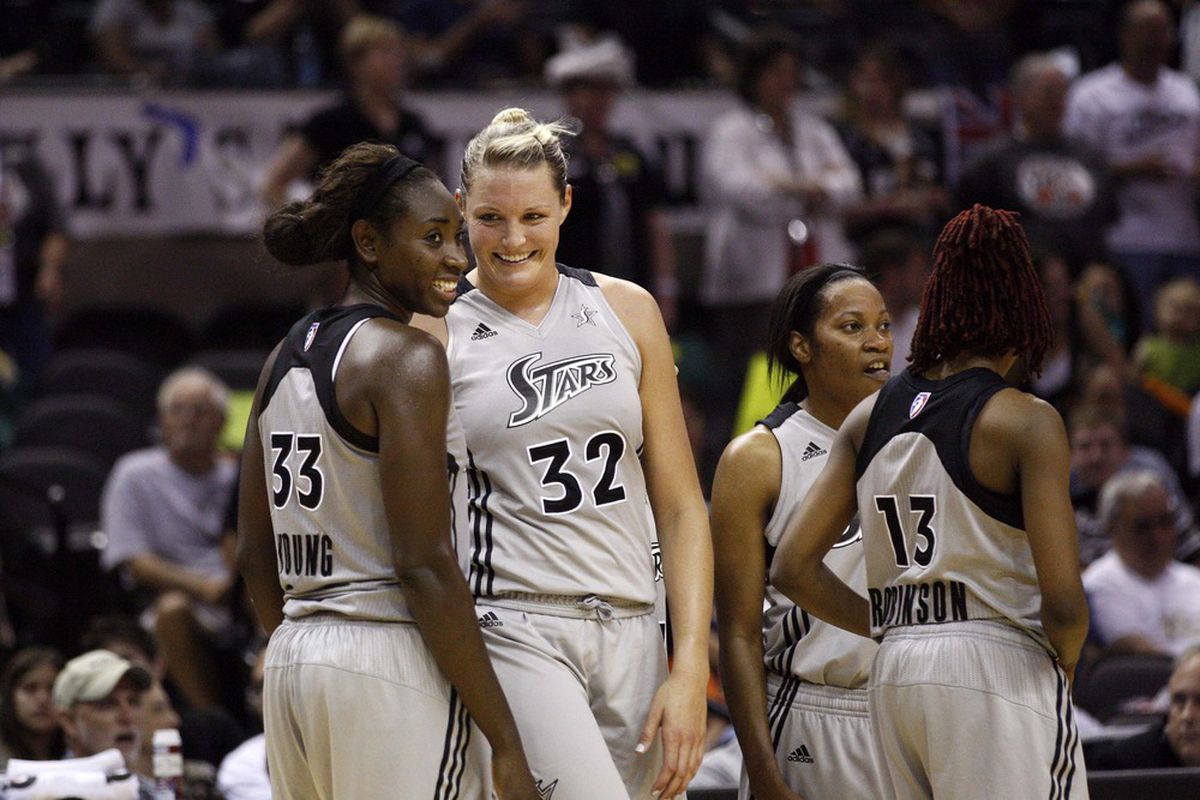 Jayne Appeal (#32) and Sophia Young (#33) were a significant factor in the San Antonio Silver Stars controlling the boards to overcome a poor shooting night against the Phoenix Mercury last night. <em>Soobum Im-US PRESSWIRE</em>