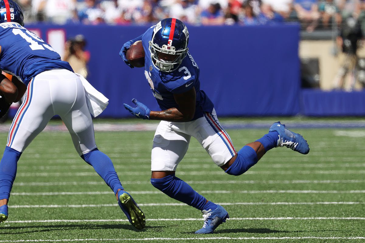 Sterling Shepard #3 of the New York Giants in action against the Atlanta Falcons during their game at MetLife Stadium on September 26, 2021 in East Rutherford, New Jersey.