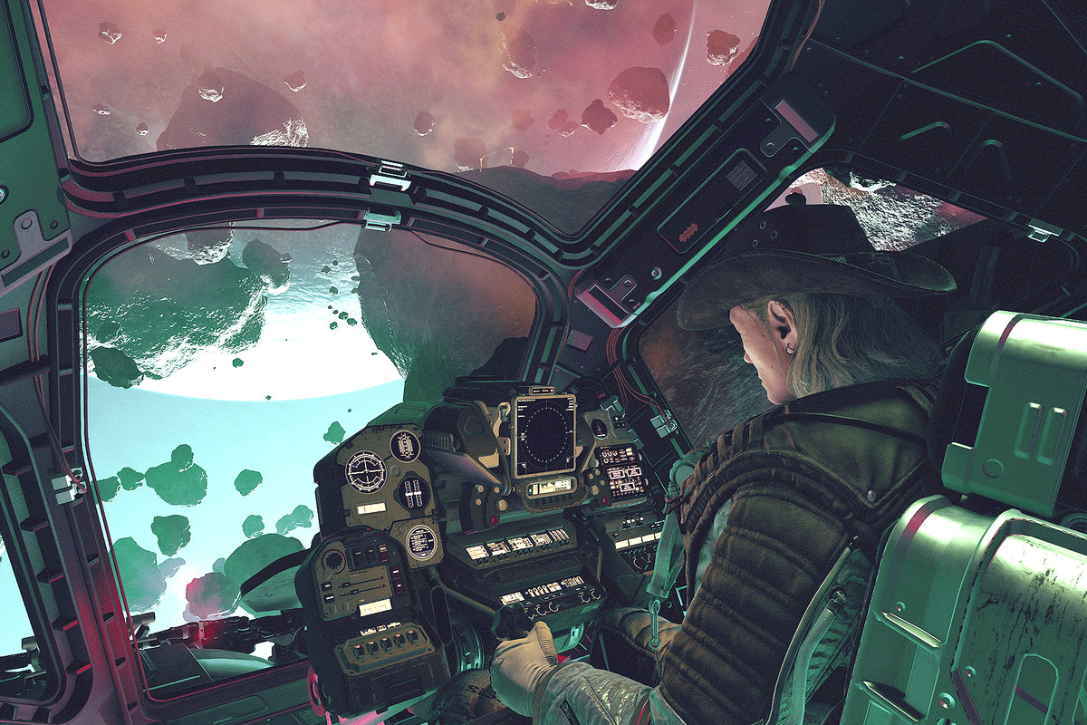 Starfield player piloting a starship with a planet and asteroid field visible through the cockpit windows.