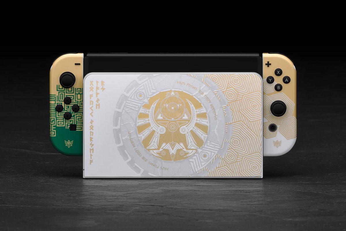 The Nintendo Switch OLED console covered in Dbrand’s new “Clone of the Kingdom” skins, which it claims are a creative reinterpretation of Nintendo’s own limited edition design of the Switch OLED console released for The Legend of Zelda: Tears of the Kingdom.