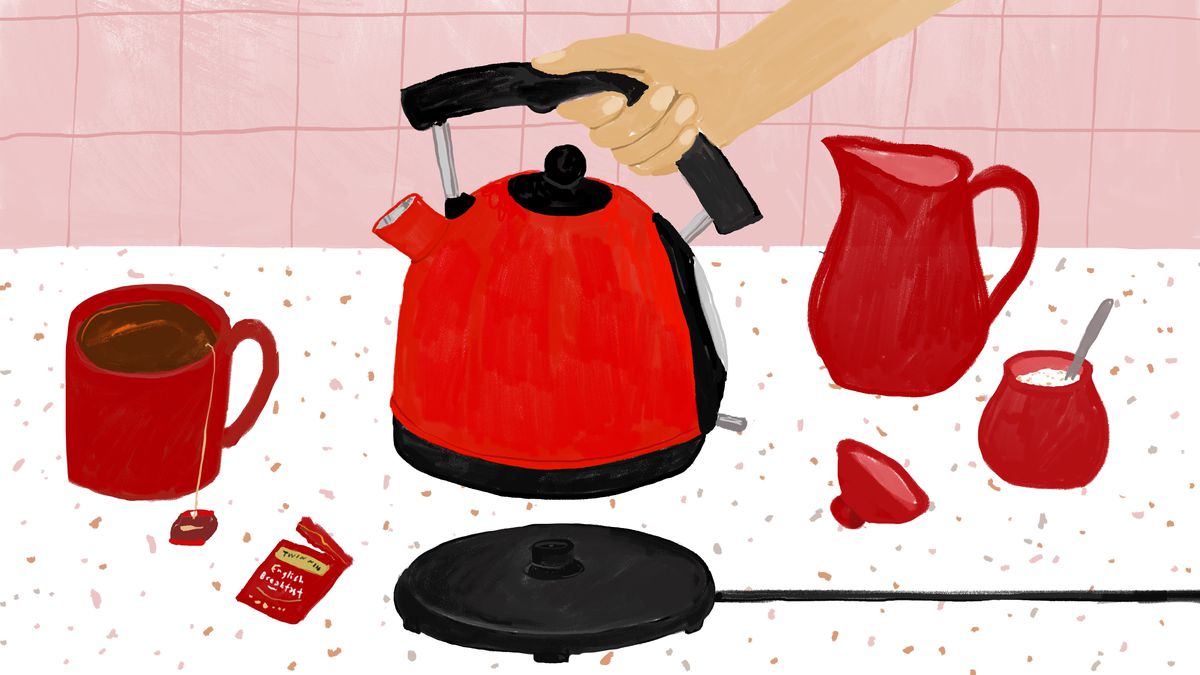 Illustration featuring red kitchen accessories on speckled white countertops, with a pink backsplash. 
