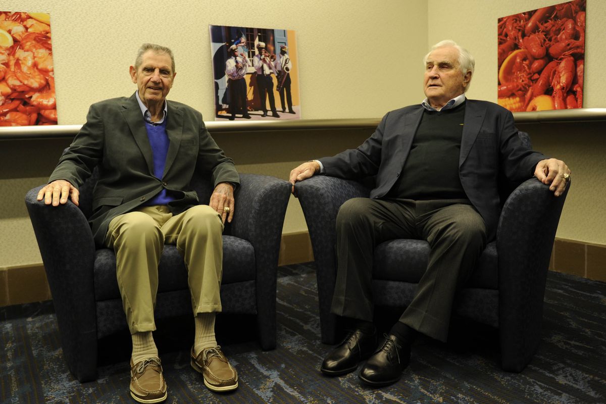 Earl Morrall (left) sitting with former coach Don Shula (right)