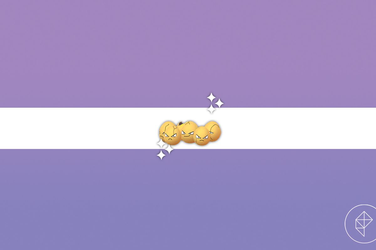 Shiny Exeggcute, as seen in Pokémon Go, on a purple gradient background