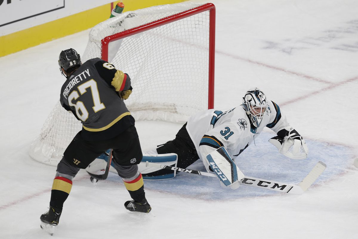 Vegas Golden Knights left wing Max Pacioretty (67) shoots the puck and is blocked by San Jose Sharks goaltender Martin Jones (31) during a regular season game Wednesday, Oct. 2, 2019, at T-Mobile Arena in Las Vegas, Nevada.