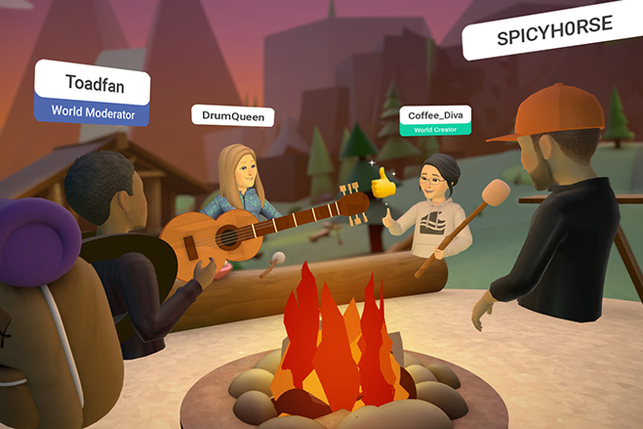 Some Horizon Worlds avatars hanging out around a virtual campfire.