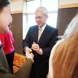 Elder Elder Gerrit W. Gong, of The Church of Jesus Christ of Latter-day Saints’ Quorum of the Twelve Apostles, meets with missionaries in Auckland, New Zealand on Monday, May 20.