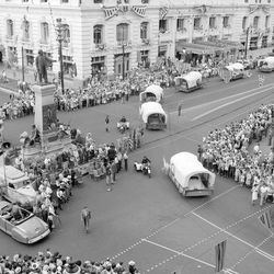 The Days of ’47 Parade is seen at the corner of Main Street and South Temple in Salt Lake City on July 24, 1947, the 100th anniversary of the pioneers entering Salt Lake Valley. Church and government leaders gathered at the base of the statue to review the parade.