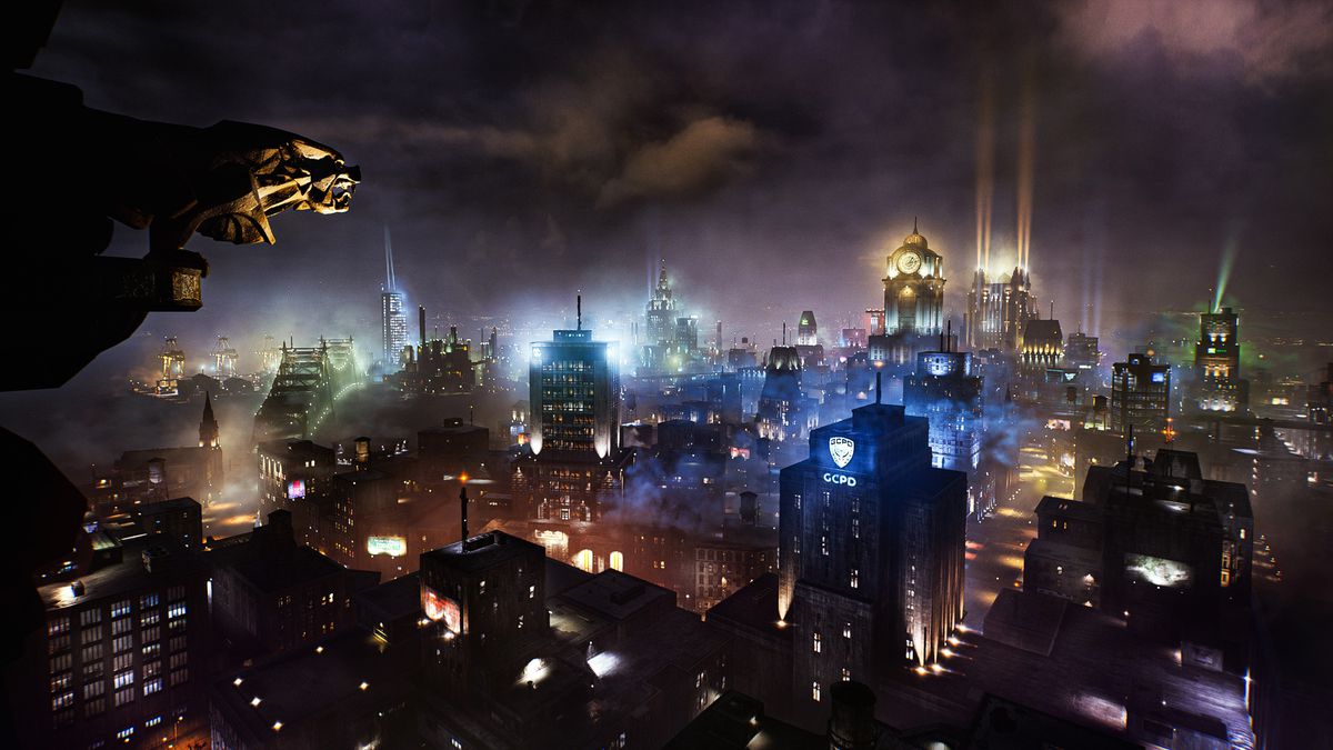 A wide shot of Gotham City, complete with searchlights, The Belfry, and a gargoyle in the foreground, in Gotham Knights