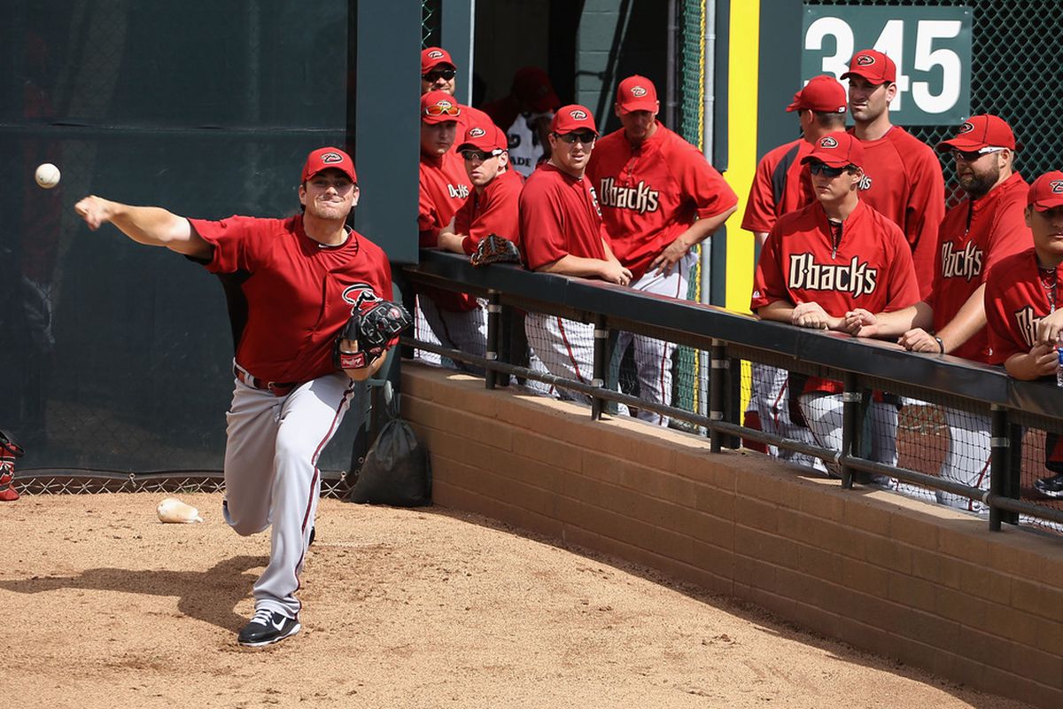 Starting pitcher Daniel Hudson #41 of the Arizona Diamondbacks warms up in the bullpen at Salt River Fields  (Photo by Christian Petersen/Getty Images)