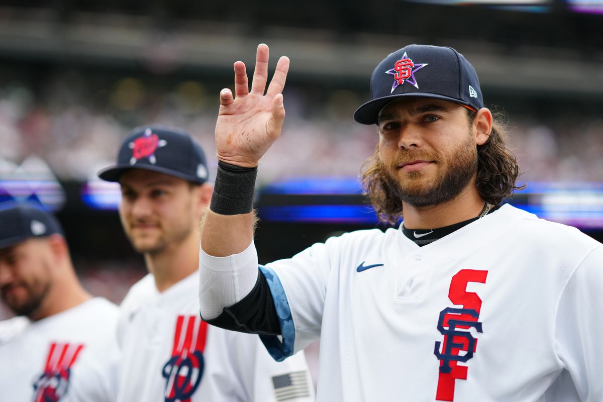 A photo of Brandon Crawford waving during festivities for the 2021 All Star Game.