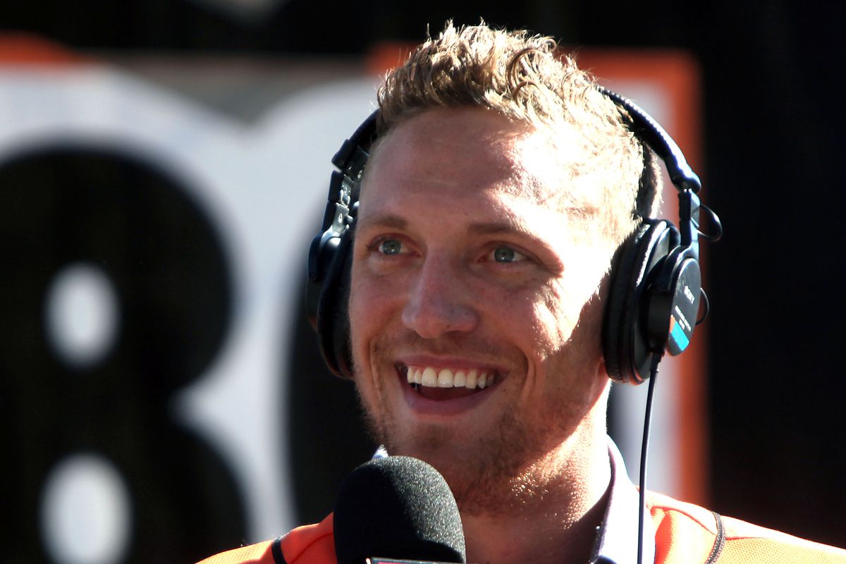 Hunter Pence of the San Francisco Giants does a radio interview at the team’s FanFest Saturday, Feb. 1, 2014, at AT&amp;T Park in San Francisco, Calif. (Karl Mondon/Bay Area News Group)
