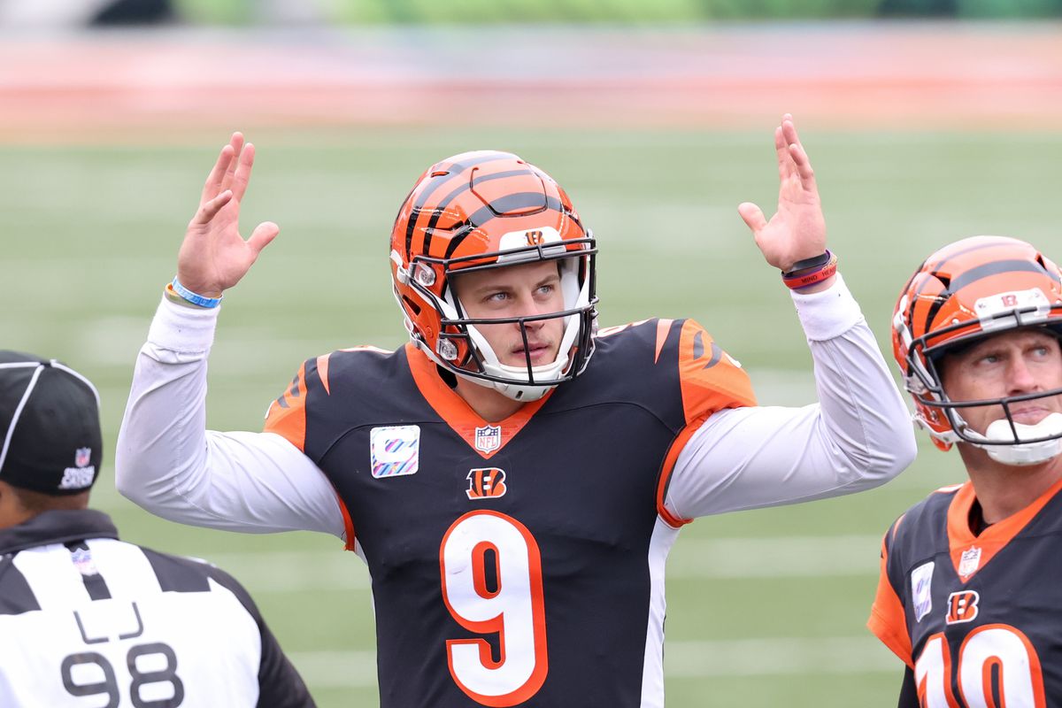 Joe Burrow #9 of the Cincinnati Bengals reacts after a touchdown is reviewed in the game against the Cleveland Browns at Paul Brown Stadium on October 25, 2020 in Cincinnati, Ohio.