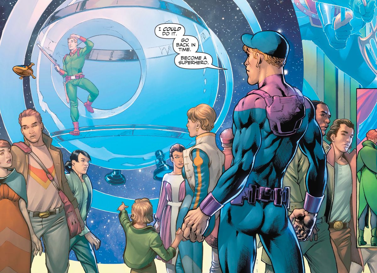Booster Gold muses that he could go back in time and become a superhero, while wearing an extremely tight uniform that shows off his butt, in Legion of Super-Heroes: Millennium #2, DC Comics (2019). 