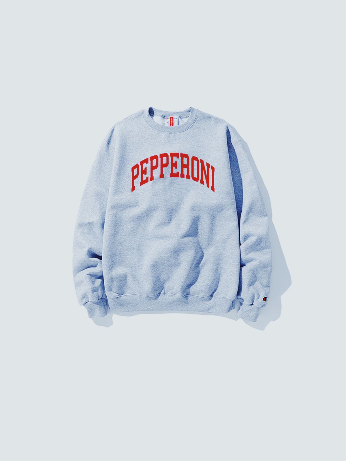A grey sweatshirt with red collegiate lettering that reads “PEPPERONI”