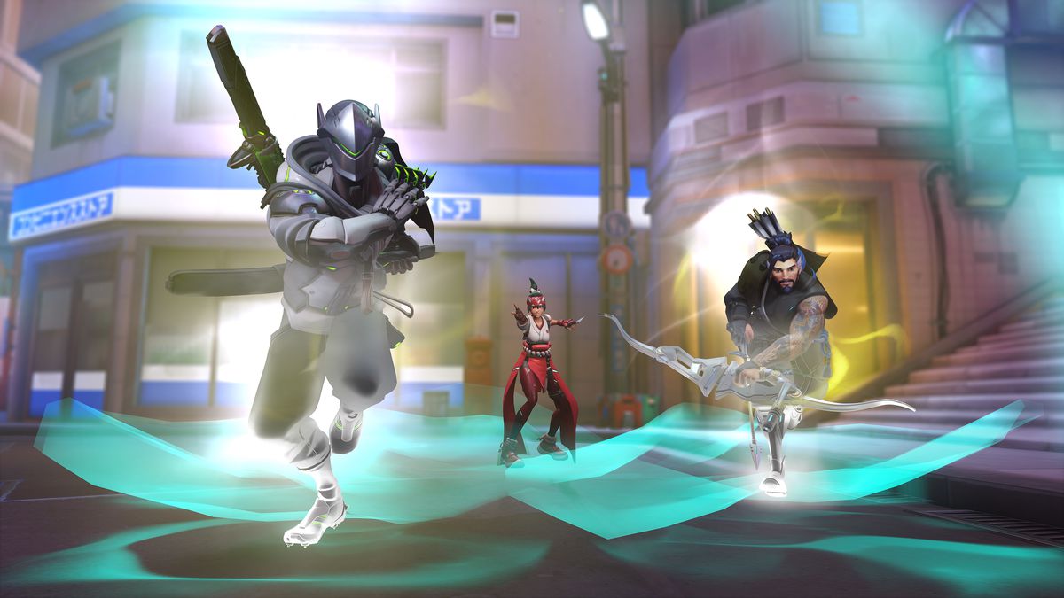 Kiriko uses her Protection Suzu ability on Genji and Hanzo in a screenshot from Overwatch 2