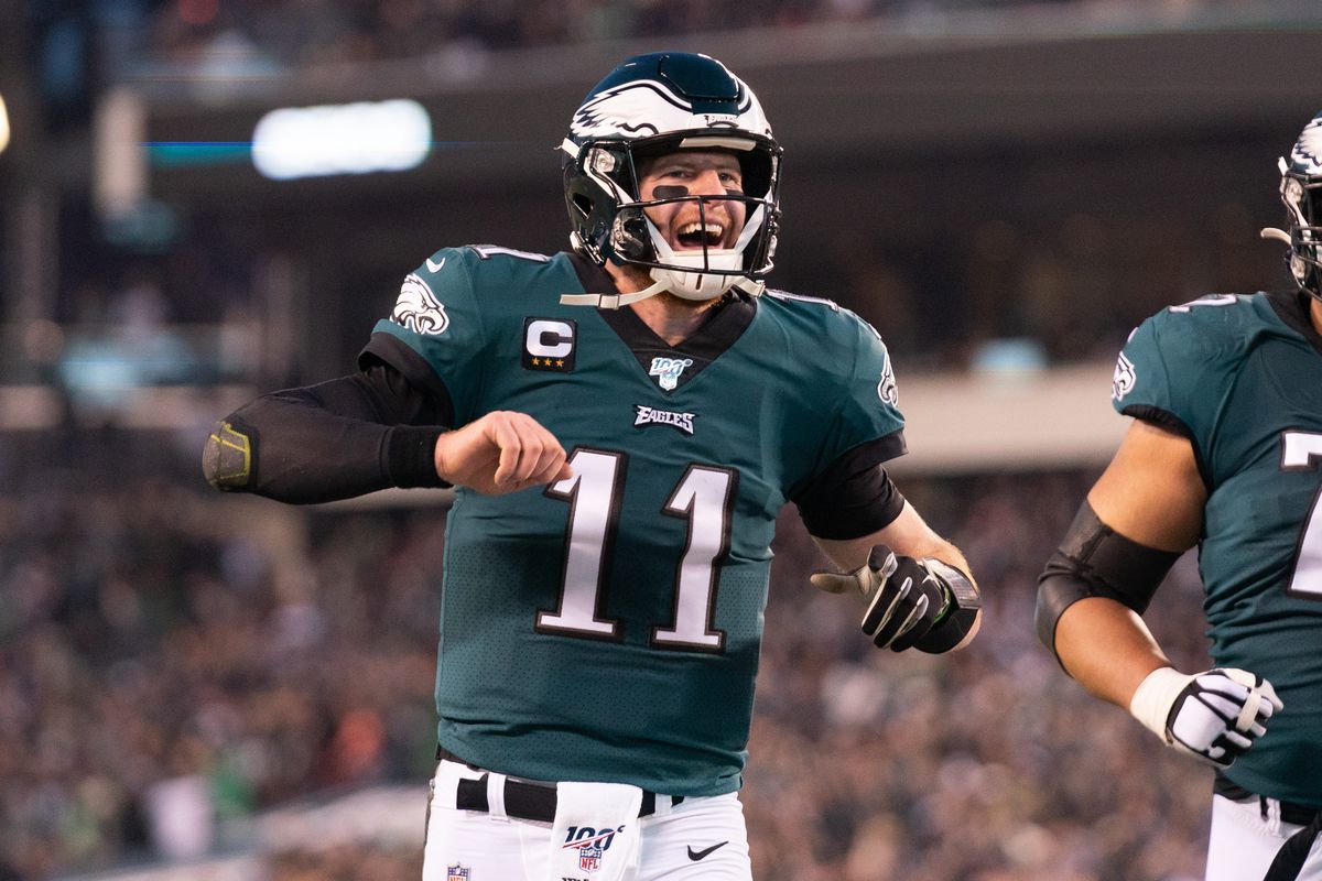 Philadelphia Eagles quarterback Carson Wentz  reacts after his touchdown pass against the Dallas Cowboys during the first quarter at Lincoln Financial Field.&nbsp;