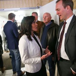 Rachel Santizo, a recovering addict who graduated from the Odyssey House program, talks to Salt Lake County Mayor Ben McAdams at the new Odyssey House in Millcreek on Thursday, Jan. 11, 2018.