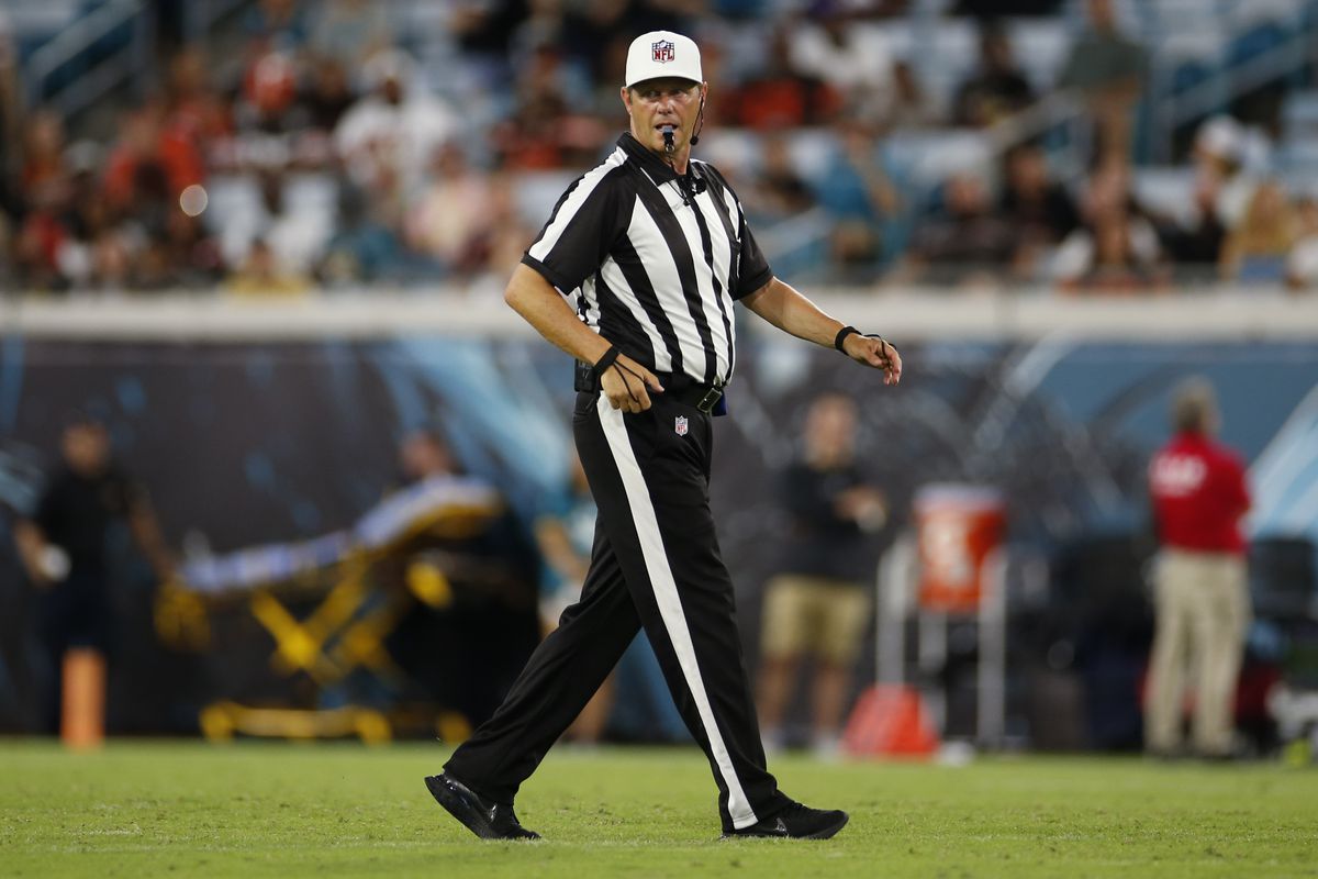 Referee Craig Wrolstad during the preseason game between the Cleveland Browns and the Jacksonville Jaguars on August 14, 2021 at TIAA Bank Field in Jacksonville, Fl.