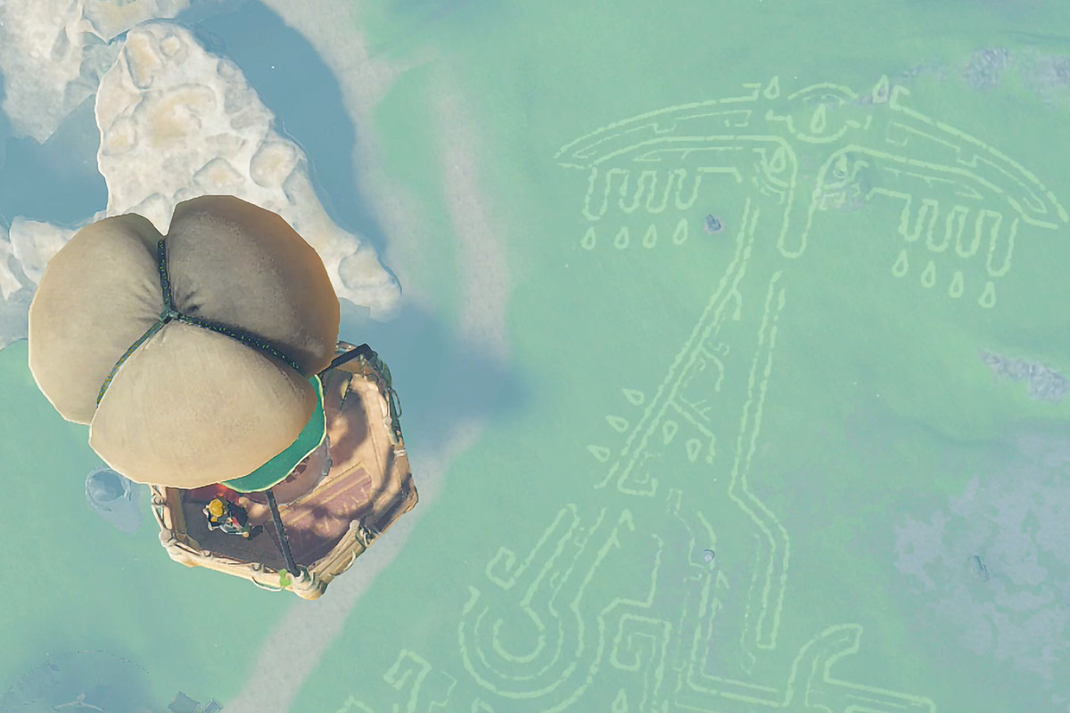 The Legend of Zelda: Tears of the Kingdom Link and Impa riding a hot air balloon over a geoglyph and Tear of the Dragon