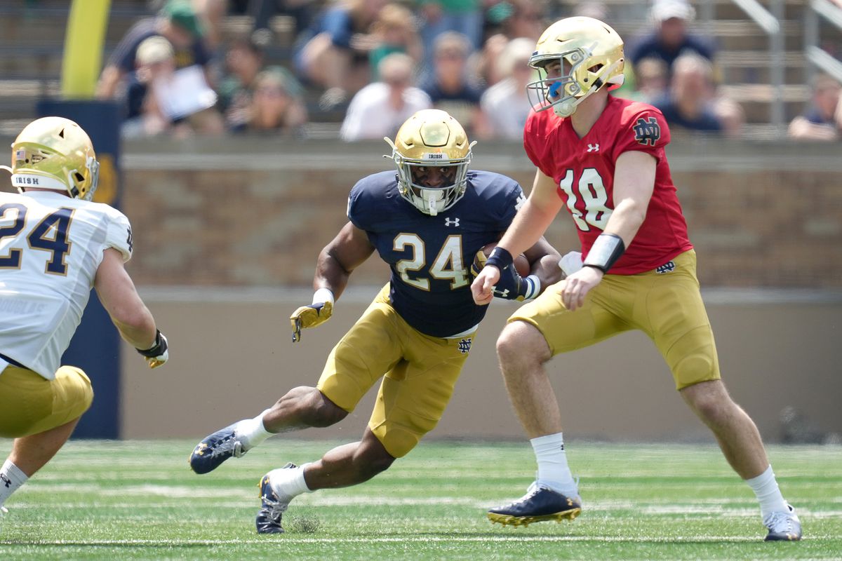 Notre Dame Fighting Irish running back Audric Estime (24) runs with the football in action during the Notre Dame Blue-Gold Spring Football Game on April 23, 2022 at Notre Dame Stadium in South Bend, IN.