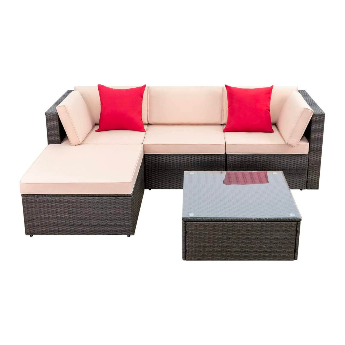 Devoko beige patio furniture set with red accent pillows and glasstop table