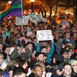 About 1,500 people gather to celebrate a federal judge's decision legalizing same-sex marriage in Utah at the Salt Lake City-County Building on Monday, Dec. 23, 2013, in Salt Lake City.