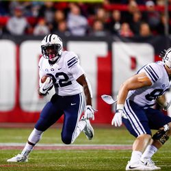 BYU running back Squally Canada breaks free during game against UNLV on Friday, Nov. 10, 2017, in Las Vegas.