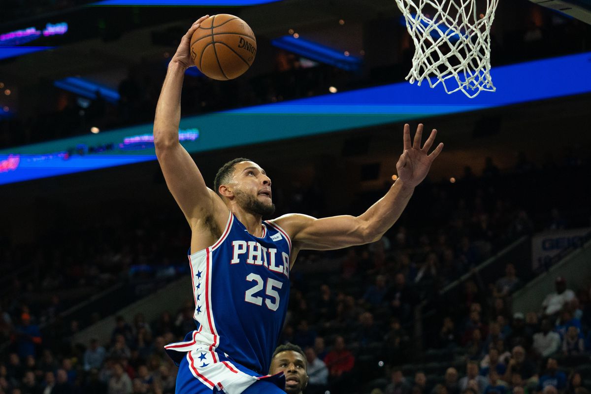Philadelphia 76ers guard Ben Simmons drives for a dunk against the Minnesota Timberwolves during the fourth quarter at Wells Fargo Center.