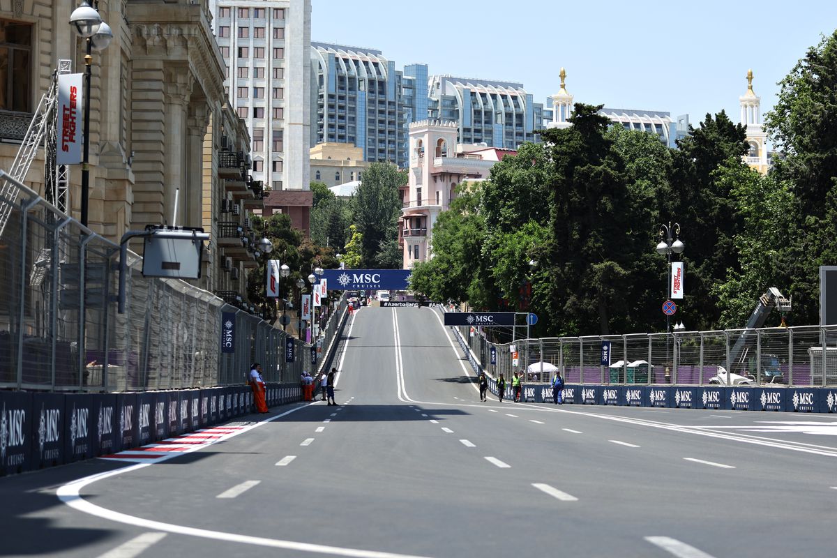 A general view of the circuit during previews ahead of the F1 Grand Prix of Azerbaijan at Baku City Circuit on June 09, 2022 in Baku, Azerbaijan.