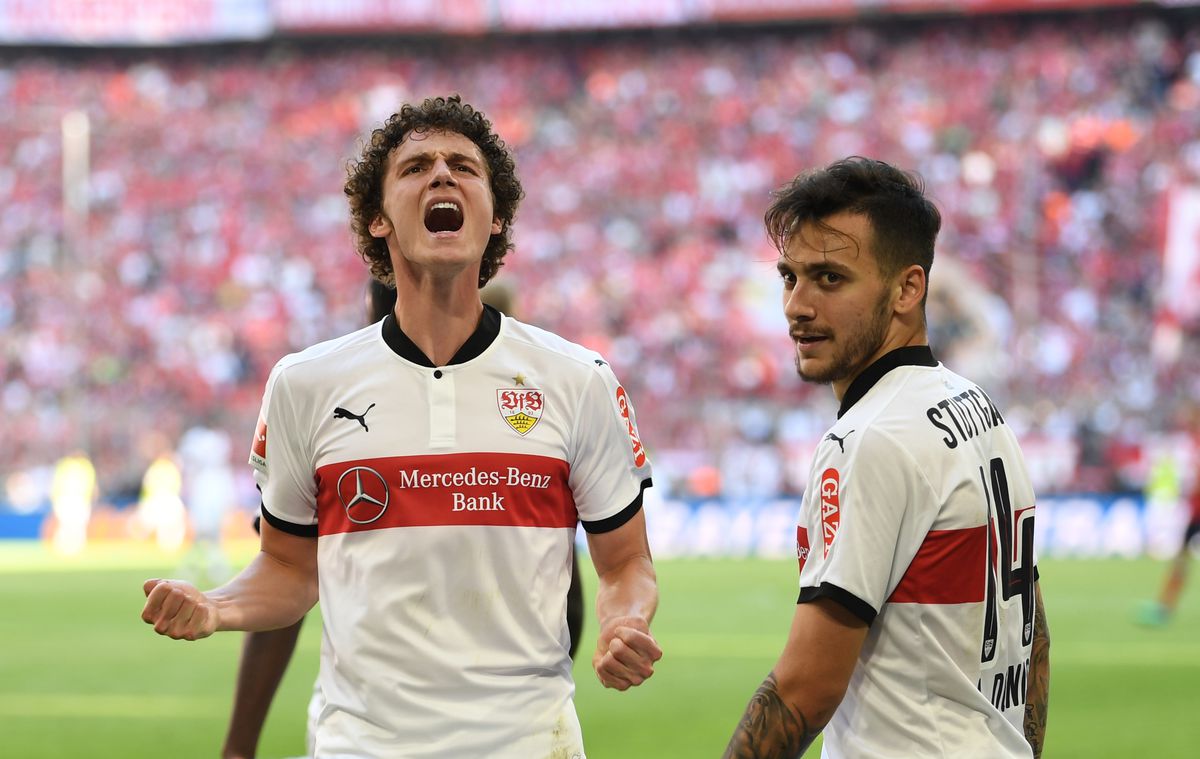 Bayern Munich vs VfB Stuttgart
12 May 2018, Germany, Munich: Soccer, German Bundesliga, Bayern Munich vs VfB Stuttgart at the Allianz Arena. Stuttgart's Benjamin Pavard (l) and Anastasios Donis celebrate the 1:4. Photo: Andreas Gebert/dpa - IMPORTANT NOTICE: Due to the German Football League's (DFL) accreditation regulations, publication and redistribution online and in online media is limited during the match to fifteen images per match