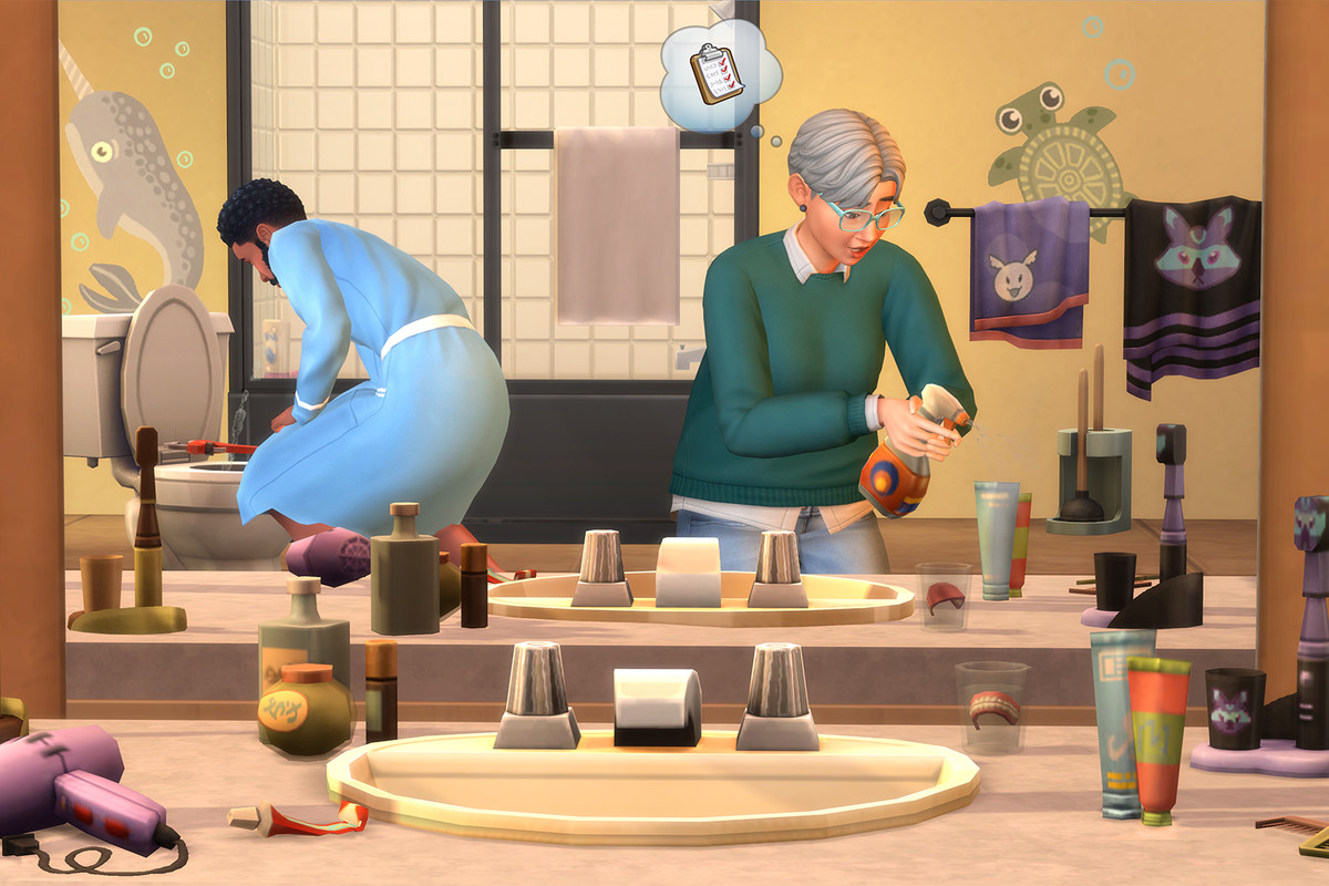 The Sims 4 - Two Sims both fuss about a crowded bathroom with a counter full of clutter. One is an older woman in the foreground spraying some cleaner, while a man in a robe scrubs the shower in the background.