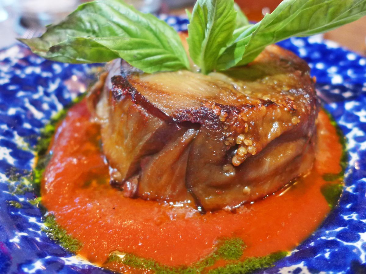 A heap of thinly slice eggplant woven into a hat shape, with tomato sauce all around.