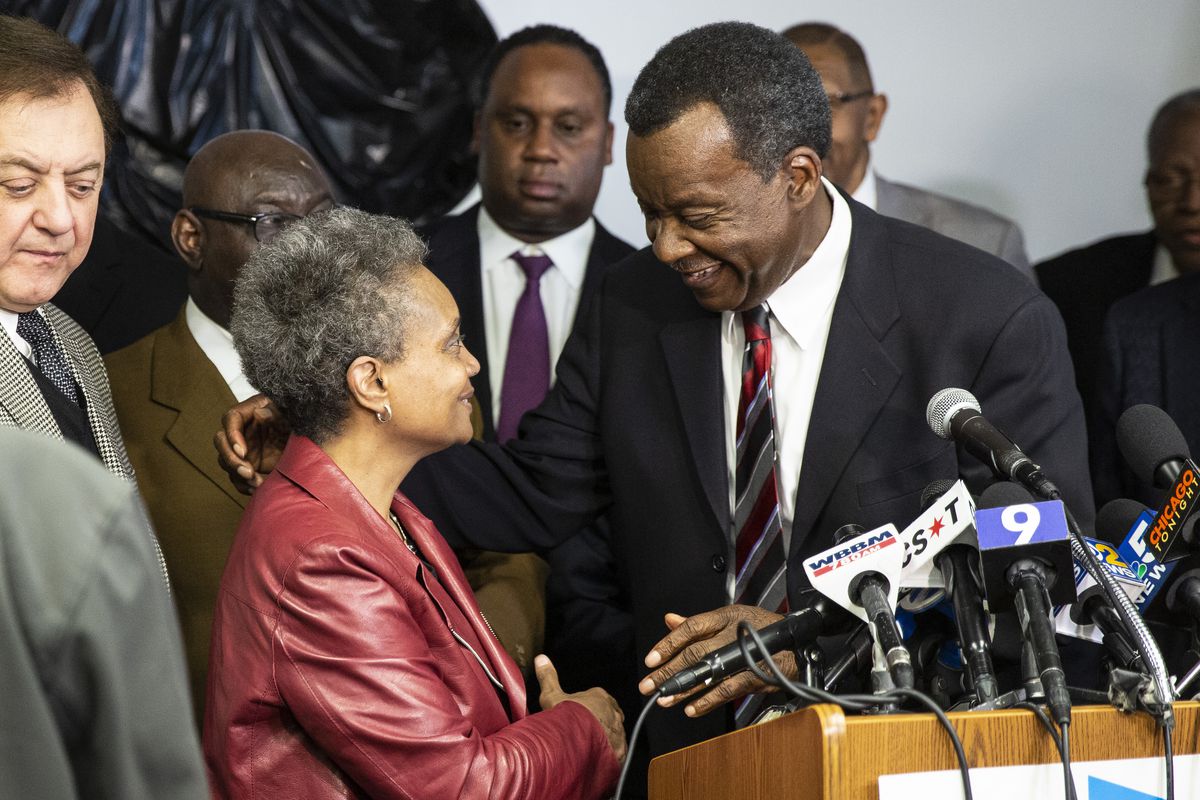 Willie Wilson endorses mayoral candidate Lori Lightfoot at a press conference at Chicago Baptist Institute International. | Ashlee Rezin/Sun-Times