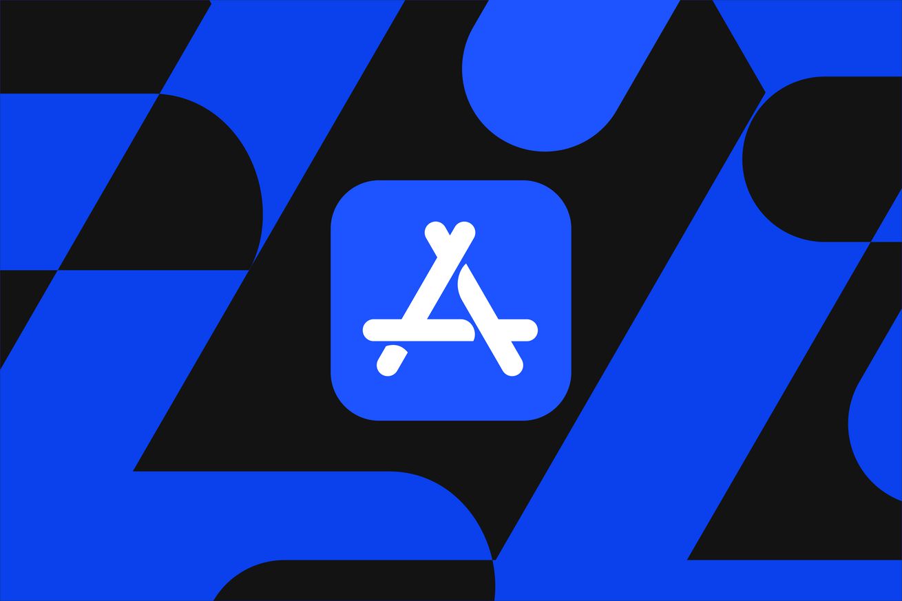 Illustration of the App Store logo on a dark black and blue background.