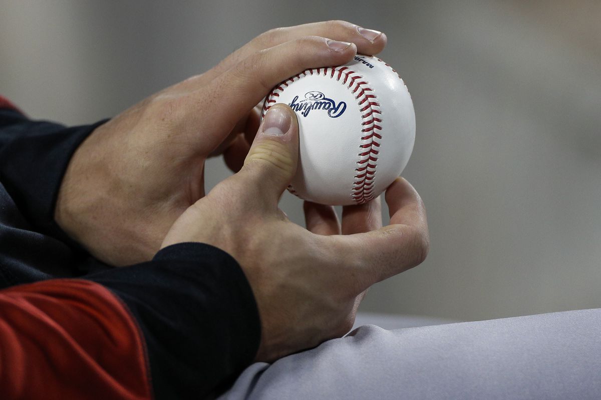 Arizona Diamondbacks left fielder Corbin Carroll (7) grips a rawlings baseball with the Major League logo during game 2 of a doubleheader against the Los Angeles Dodgers on September 20, 2022, at Dodger Stadium in Los Angeles, CA.