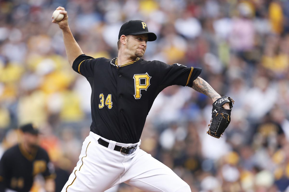 PITTSBURGH, PA - JULY 21: A.J. Burnett #34 of the Pittsburgh Pirates pitches in the first inning of the game against the Miami Marlins at PNC Park on July 21, 2012 in Pittsburgh, Pennsylvania. (Photo by Joe Robbins/Getty Images)