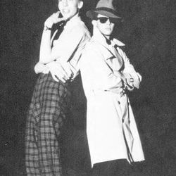 From the 1986 yearbook of Calabasas High School: the author Jim Bennett as Ed Grimley, left, and Aaron Priceman in trench coat and glasses.