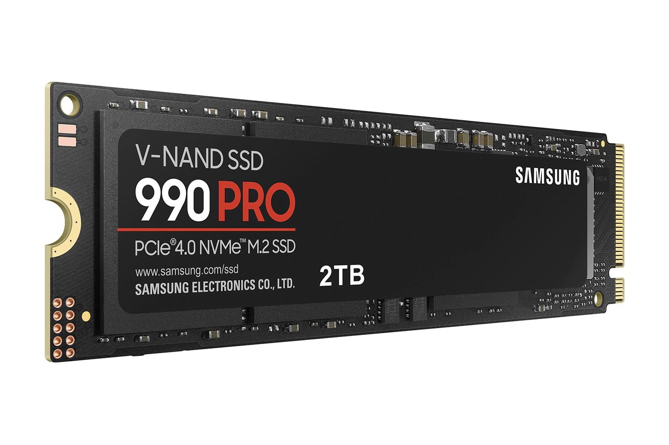 Samsung SSD module with a label that says V-NAND SSD 990 PRO PCIe 4.0 NVMe M.2 SSD